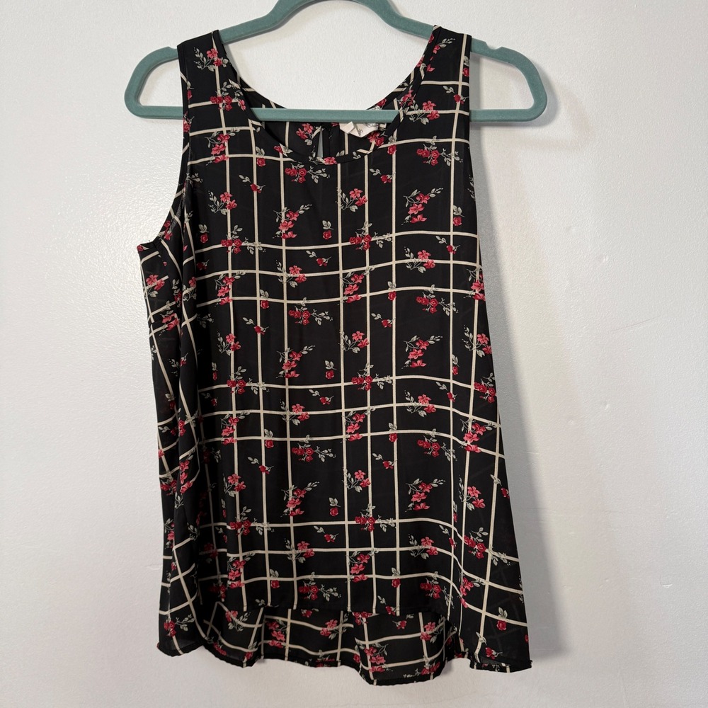 Everleigh‎ Womens Small Black Floral Grid Sleeveless Blouse High Low BE-15986RK